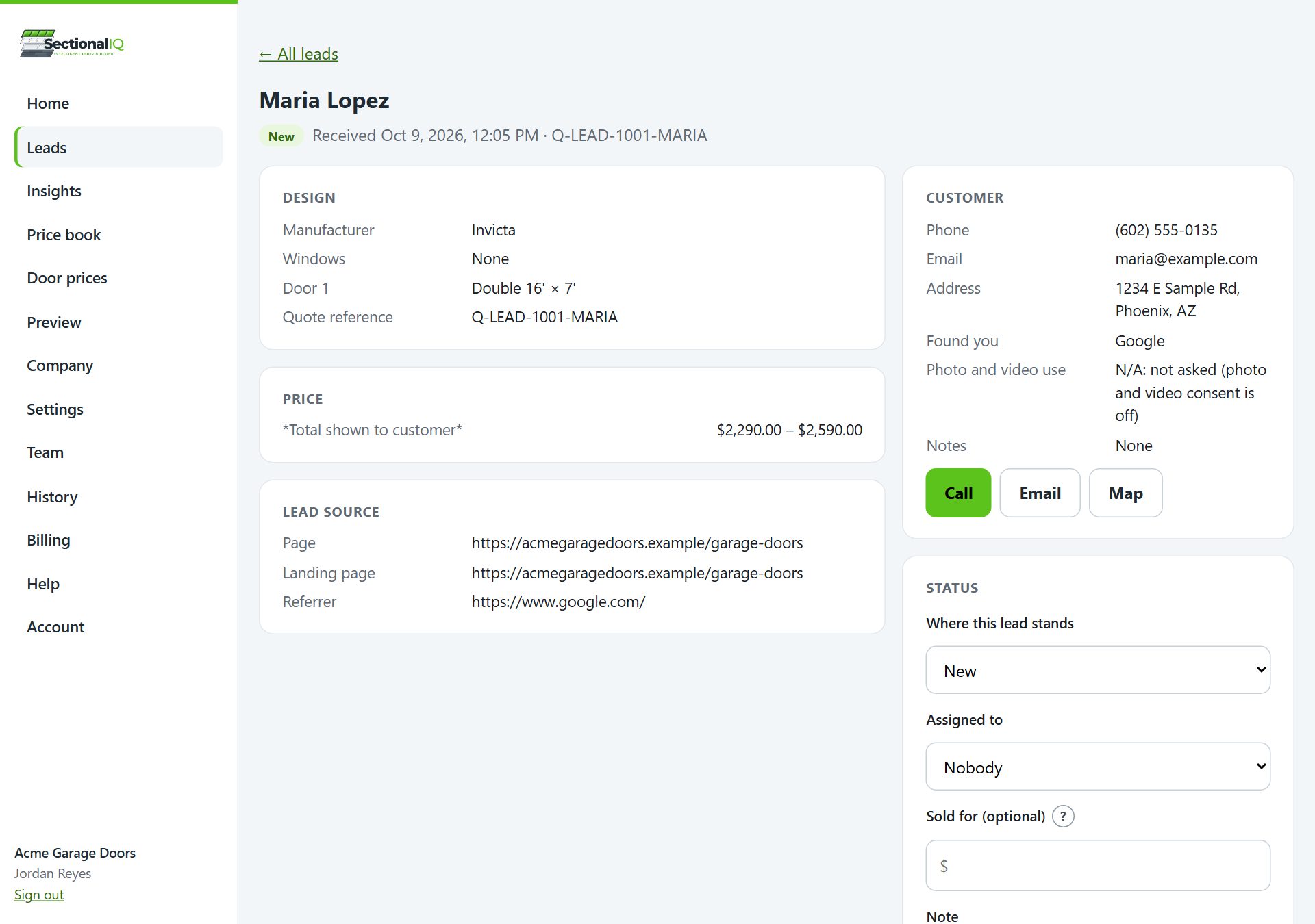 A lead in the SectionalIQ dashboard with the design, price and customer details