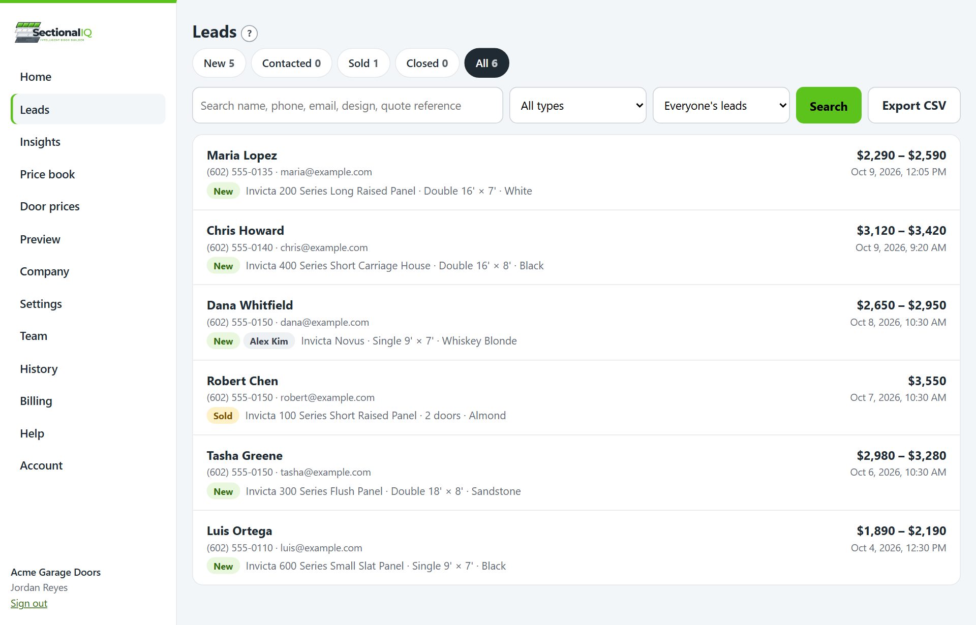 The SectionalIQ lead inbox with statuses, assigned people and filters
