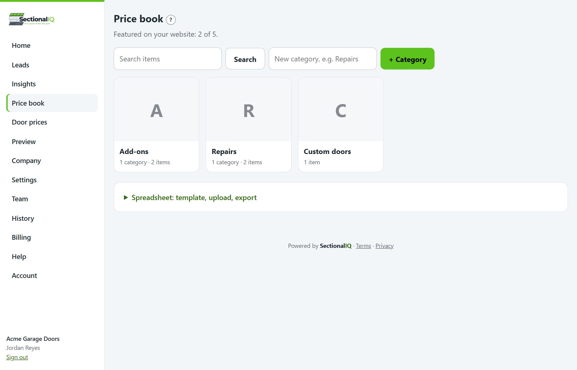 The SectionalIQ price book with categories and items