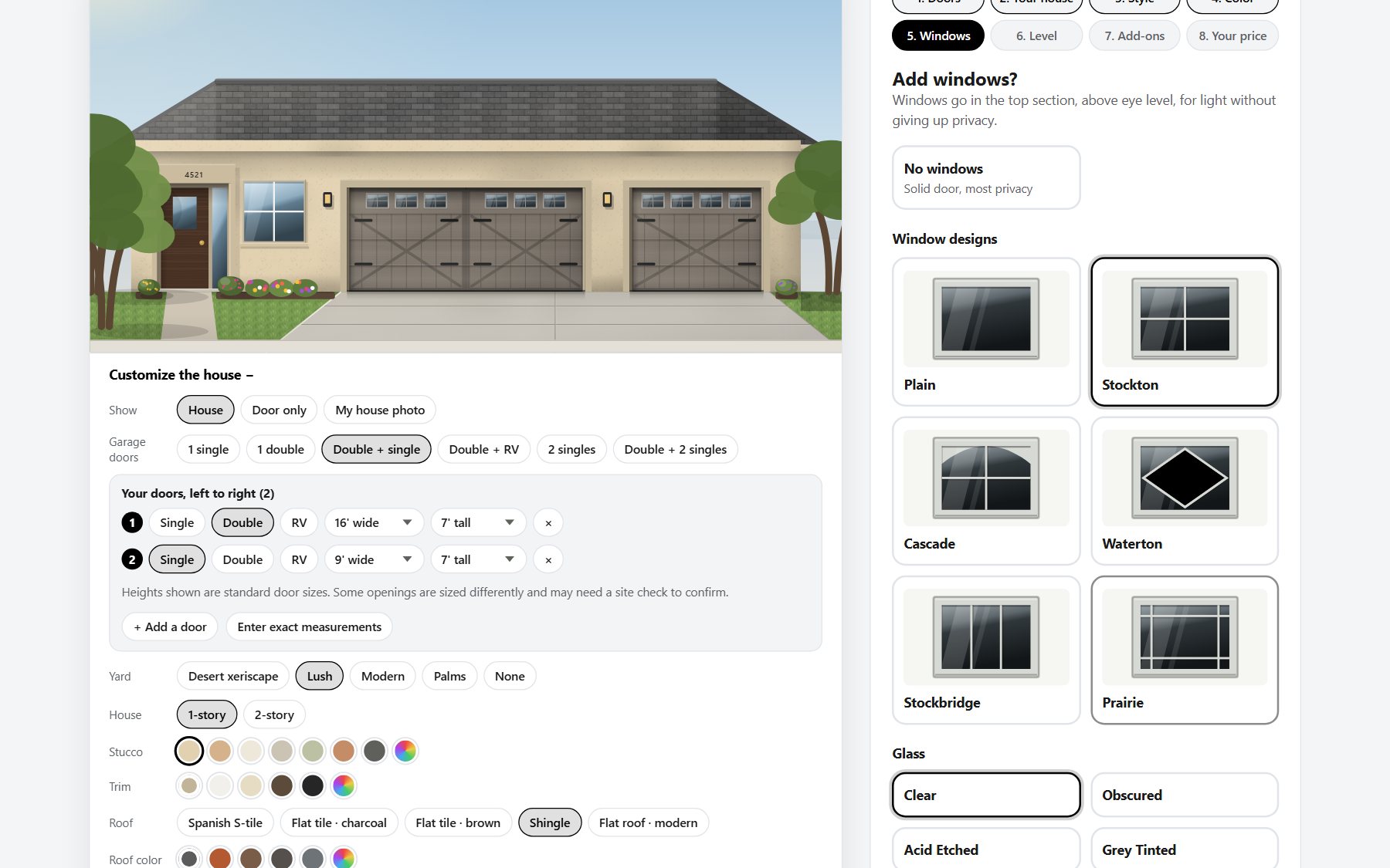 The builder showing a house with a double and a single door and the window choices